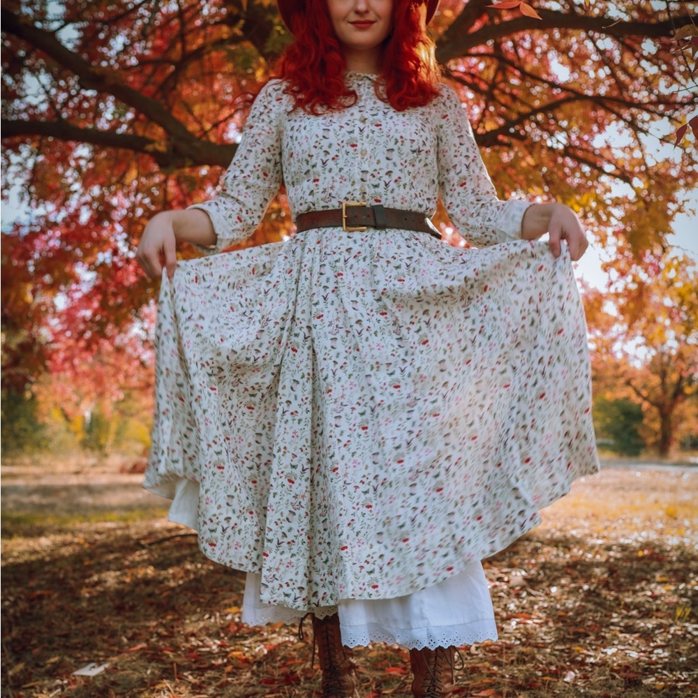Sondeflor Cottagecore Classic Dress, Long Sleeve - Woodland Wonder Small Print